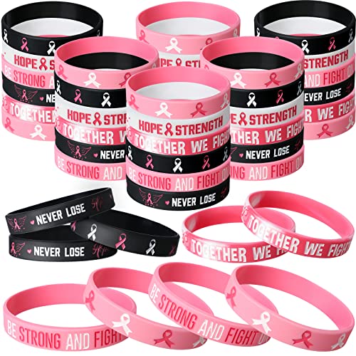 Aoriher Breast Cancer Awareness Bracelets Pink Ribbon Breast Cancer Awareness Silicone Wristbands with Hope Faith Strength Courage Women Breast Cancer Awareness Gifts Party Favors (48 Pcs)