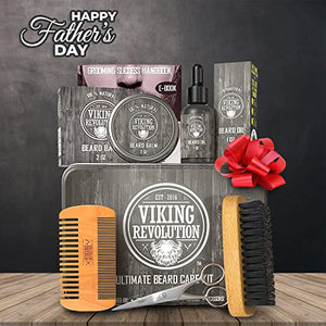 Viking Revolution Ultimate Beard Grooming/ Care Kit for Men includes 100% Boar Beard Brush, Wooden Beard Comb, Beard Balm/ Oil, Beard & Mustache Scissors in a Metal Box