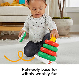 Fisher-Price Baby Stacking Toy Holiday Rock-A-Stack With 5 Rings And Bat-At Rocker Base For Ages 6+ Months, Red & Green