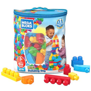 MEGA BLOKS Fisher-Price Toddler Block Toys, Big Building Bag with 80 Pieces and Storage Bag, Blue, Gift Ideas for Kids Age 1+ Years