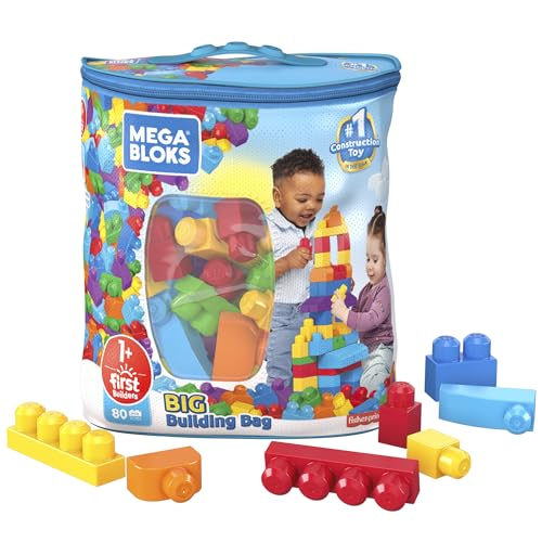 MEGA BLOKS Fisher-Price Toddler Block Toys, Big Building Bag with 80 Pieces and Storage Bag, Blue, Gift Ideas for Kids Age 1+ Years