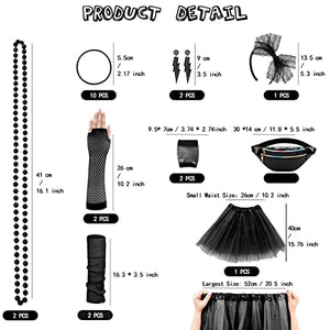 WILDPARTY 80s Costume Accessories for Women, T-Shirt Tutu Fanny Pack Headband Earring Necklace Fishnet Gloves Legwarmers 80s Party Halloween outfit for Women 24PCS (Black 3XL)