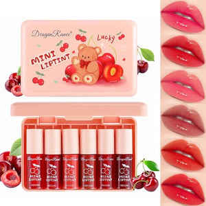 Eakroo 6 Colors Cherry Lip Tint Stain Set, Korean Velvet Lip Gloss Lip Stain Tint Mini Liquid Watery Lipstick, Multi-Use Lip and Cheek Tint, Long lasting, Non-Stick Cup, Waterproof, Vivid Color