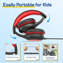 EarFun Kids Headphones Wired with Microphone, 85/94dB Volume Limit Headphones for Kids, Portable Wired Headphones with Shareport, Stereo Sound Foldable Headset for School/Tablet/iPad/Kindle, Black Red