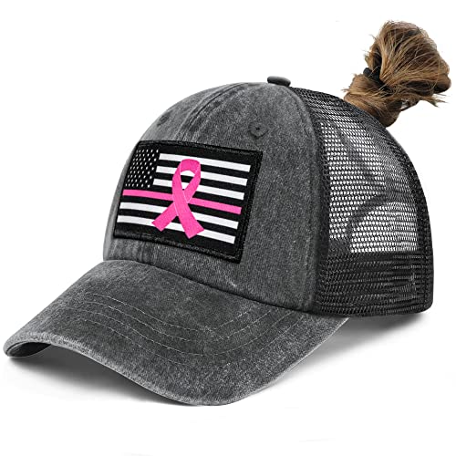 Breast Cancer Awareness Hat Ribbon Survivor Gift Woman Girl Velcro Ponytail Hat