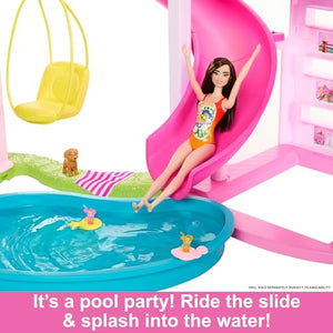 Barbie Dreamhouse 2023, Pool Party Doll House with 75+ Pieces and 3-Story Slide, Barbie House Playset, Pet Elevator and Puppy Play Areas