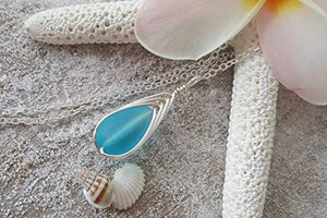 Yinahawaii Handmade Sea Glass Necklace, Hawaiian Jewelry For Women, Braided Teardrop Necklace Turquoise Necklace Blue Necklace, Unique Sea Glass Jewelry For Women Birthday Gift (December Birthstone)