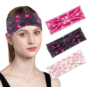 DIUEWOW Breast Cancer Awareness Headbands Pink Ribbon Women Headwraps Elastic Wide Head Band Supplies Workout for Party Fundraising Sports Running Stretchy Twisted Hair Band 3 Pieces（Black Red White）