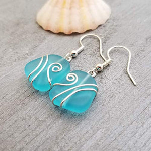 Yinahawaii Handmade Sea Glass Earrings, Hawaiian Jewelry Handmade Earrings, Wire Turquoise Earrings Blue Earrings, Seaglass Jewelry For Women Birthday Gift For Women (December Birthstone Jewelry)