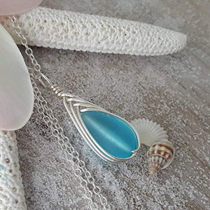 Yinahawaii Handmade Sea Glass Necklace, Hawaiian Jewelry For Women, Braided Teardrop Necklace Turquoise Necklace Blue Necklace, Unique Sea Glass Jewelry For Women Birthday Gift (December Birthstone)