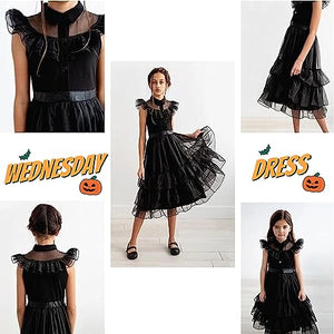 GUUZOGG Wednesday Addams Costume Dress for Girls, Kids Wednesday Addams Dress with Wig Belt Socks and THING, Halloween Costumes for Girls Cosplay Party Birthday Christmas New Years Dress