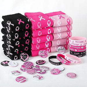 Ramede 75 Pack Breast Cancer Awareness Accessories Include 30 Pcs Silicone Bracelet Breast Cancer Awareness Bracelets 30 Pcs Badge 15 Pair Socks for Welfare Charity Party Supplies Memorials Activity