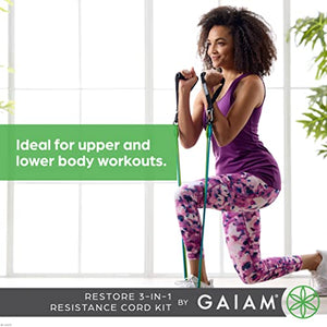 Gaiam Restore 3-in-1 Resistance Band Kit - Exercise Cord with Comfort-Grip Foam Handles and Easy-Adjust Interchangeable Strength Bands for High Intensity Training - Light, Medium, and Heavy Resistance