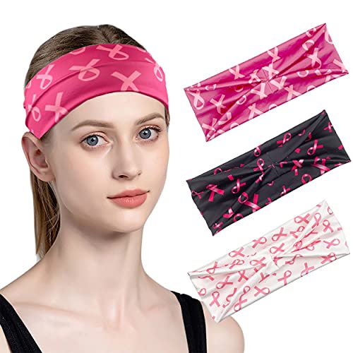 DIUEWOW Breast Cancer Awareness Headbands Pink Ribbon Women Headwraps Elastic Wide Head Band Supplies Workout for Party Fundraising Sports Running Stretchy Twisted Hair Band 3 Pieces（Black Red White）