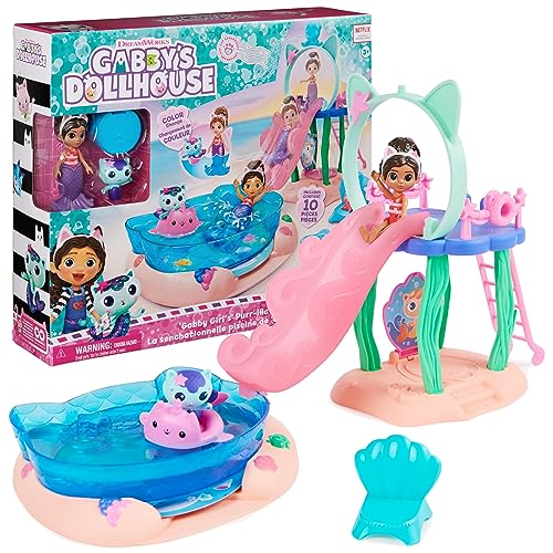 Gabby’s Dollhouse, Purr-ific Pool Playset with Gabby and MerCat Figures, Color-Changing Mermaid Tails and Pool Accessories Kids Toys for Ages 3 and Up