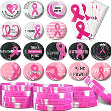 92 Pcs Breast Cancer Awareness Accessories Fundraising Charity Giveaways - 32 Pcs Breast Cancer Awareness Novelty Buttons, 12 Pcs Breast Cancer Awareness Bracelet, 48 Pcs Die-Cut Pink Ribbon Stickers