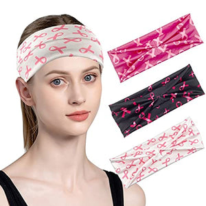 DIUEWOW Breast Cancer Awareness Headbands Pink Ribbon Women Headwraps Elastic Wide Head Band Supplies Workout for Party Fundraising Sports Running Stretchy Twisted Hair Band 3 Pieces（Black Red White）