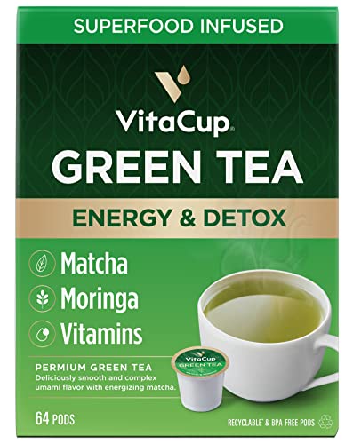 VitaCup Green Tea Pods, Enhance Energy & Detox with Matcha, Moringa, B Vitamins, D3, Keto, Paleo, Vegan, Recyclable Single Serve Pod, Compatible with Keurig K-Cup Brewers,64 Ct