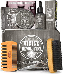 Viking Revolution Ultimate Beard Grooming/ Care Kit for Men includes 100% Boar Beard Brush, Wooden Beard Comb, Beard Balm/ Oil, Beard & Mustache Scissors in a Metal Box