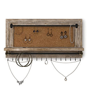 Barnyard Designs Wall Mounted Hanging Jewelry Organizer, Earring, Necklace and Bracelet Hanger with Ring Shelf, Rustic Wood Jewelry Holder Storage Display Rack, Small, Brown 15" x 8.25