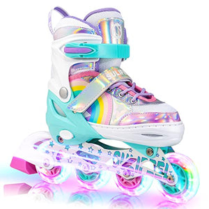 SULIFEEL Rainbow Unicorn Inline Skates for Girls Boys 4 Size Adjustable Light up Wheels Skates for Kids Beginner Small