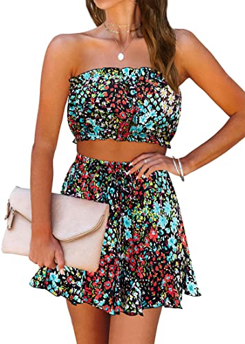 KIRUNDO Women's 2023 Summer Two Piece Outfits Floral Strapless Tube Top and  Drawstring Shorts Sets Suits for Beach(Floral Black Multicolored, Large)