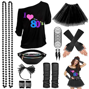 WILDPARTY 80s Costume Accessories for Women, T-Shirt Tutu Fanny Pack Headband Earring Necklace Fishnet Gloves Legwarmers 80s Party Halloween outfit for Women 24PCS (Black 3XL)