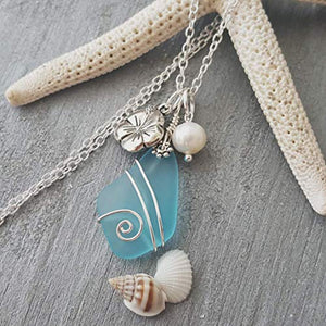 Yinahawaii Handmade Sea Glass Necklace, Hawaiian Jewelry For Women, Wire Turquoise Bay Blue Necklace Hibiscus Pearl Necklace, Beach Jewelry Sea Glass Jewelry Birthday Gift (December Birthstone)