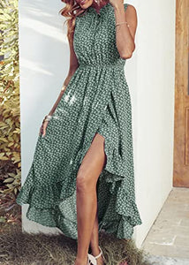 KIRUNDO 2023 Womens Summer Sleeveless Floral Print High Low Maxi Dress Tie V Neck Ruffle A-Line Flowy Beach Dresses(Floral-Green, X-Large)