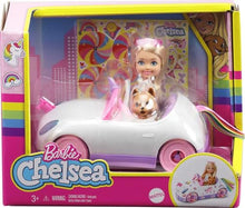 Barbie Chelsea Doll & Unicorn Toy Car, Blonde Small Doll in Removable Skirt, Pet Puppy, Sticker Sheet & Accessories