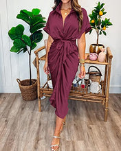 BTFBM Women 2023 Button Down Ruched Shirt Dresses Short Sleeve Lapel V Neck Elegant Party Spring Summer Maxi Satin Dress(Short Sleeve Purple Red, Large)