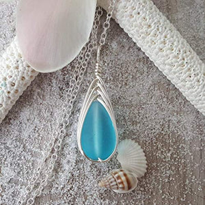 Yinahawaii Handmade Sea Glass Necklace, Hawaiian Jewelry For Women, Braided Teardrop Necklace Turquoise Necklace Blue Necklace, Unique Sea Glass Jewelry For Women Birthday Gift (December Birthstone)