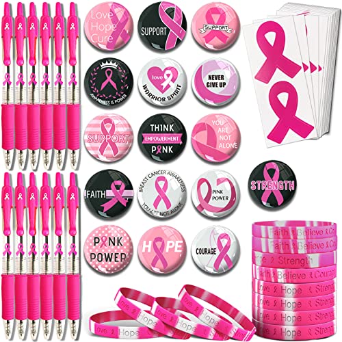 Bundle of 16 Pcs Breast Cancer Awareness Novelty Buttons, 12 Pcs Retractable Gel Roller Ball Pen Black Ink, 12 Pcs Breast Cancer Awareness Bracelets, 48 Pcs Die-Cut Pink Ribbon Stickers