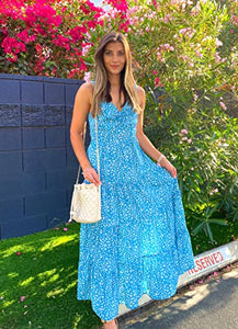 BTFBM Women Sleeveless V Neck Summer Maxi Dresses 2023 Print Backless Strap Tie Back Beach Party Pleated Long Boho Dress(Leopard Blue White, Large)