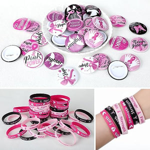 Ramede 75 Pack Breast Cancer Awareness Accessories Include 30 Pcs Silicone Bracelet Breast Cancer Awareness Bracelets 30 Pcs Badge 15 Pair Socks for Welfare Charity Party Supplies Memorials Activity