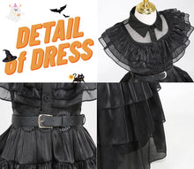 GUUZOGG Wednesday Addams Costume Dress for Girls, Kids Wednesday Addams Dress with Wig Belt Socks and THING, Halloween Costumes for Girls Cosplay Party Birthday Christmas New Years Dress