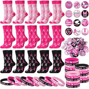 Ramede 75 Pack Breast Cancer Awareness Accessories Include 30 Pcs Silicone Bracelet Breast Cancer Awareness Bracelets 30 Pcs Badge 15 Pair Socks for Welfare Charity Party Supplies Memorials Activity