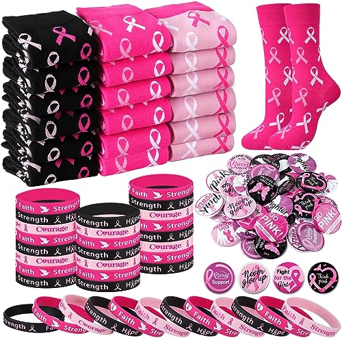 Ramede 75 Pack Breast Cancer Awareness Accessories Include 30 Pcs Silicone Bracelet Breast Cancer Awareness Bracelets 30 Pcs Badge 15 Pair Socks for Welfare Charity Party Supplies Memorials Activity