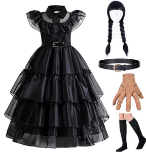 GUUZOGG Wednesday Addams Costume Dress for Girls, Kids Wednesday Addams Dress with Wig Belt Socks and THING, Halloween Costumes for Girls Cosplay Party Birthday Christmas New Years Dress